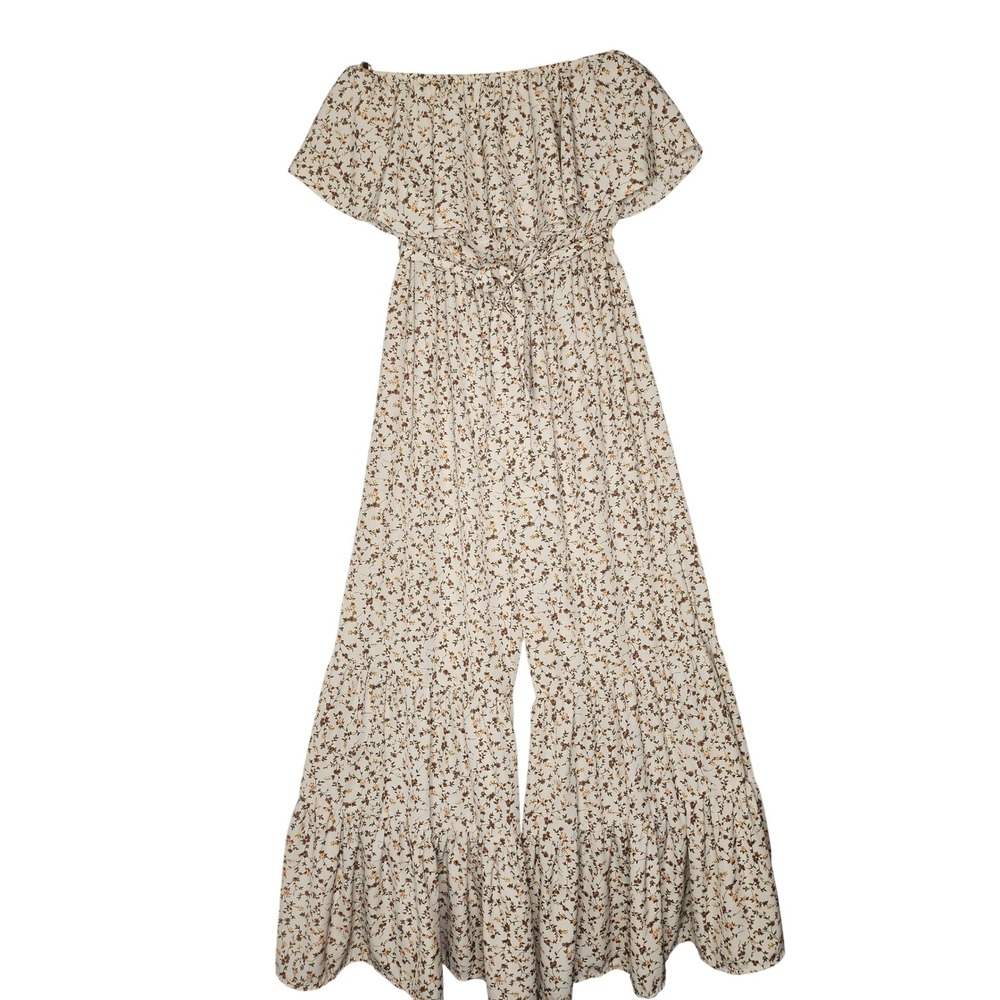 Lemon Tree floral‎ beige strapless jumpsuit flowy belted size small palazzo leg